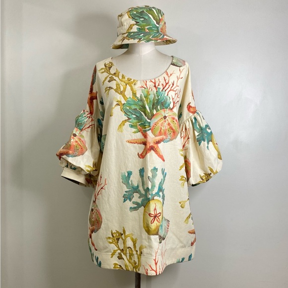 EXQUISITE CORAL SEA DRESS WITH PUFF SLEEVES & MATCHING BUCKET HAT LINEN/COTTON - Picture 4 of 14